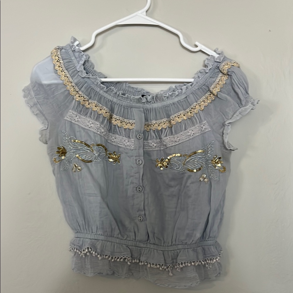 Blue and Gold Embellished Blouse with Ruffle Sleeves